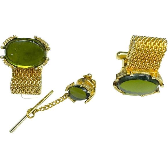 VINTAGE Cuff Links and Tie Tack Gold-tone & Green Stone Cufflinks Tie Tack Lot E - Picture 1 of 6